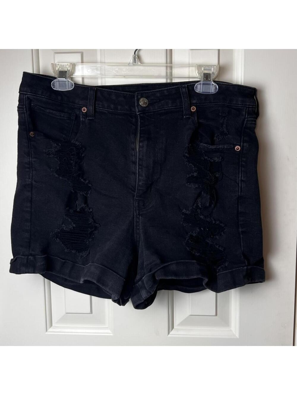 American Eagle AEO Black Distressed Stretch Denim Shorts #6306 Cuffed Sz 14